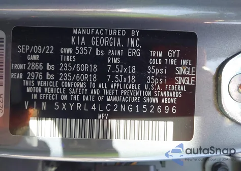 2022 Kia Sorento S из США, поврежденный, VIN 5XYRL4LC2NG152696